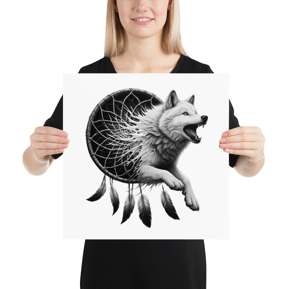 Dreamcatcher Wolf - Framed Poster Realistic Native American Talisman Mythology Graphic Design