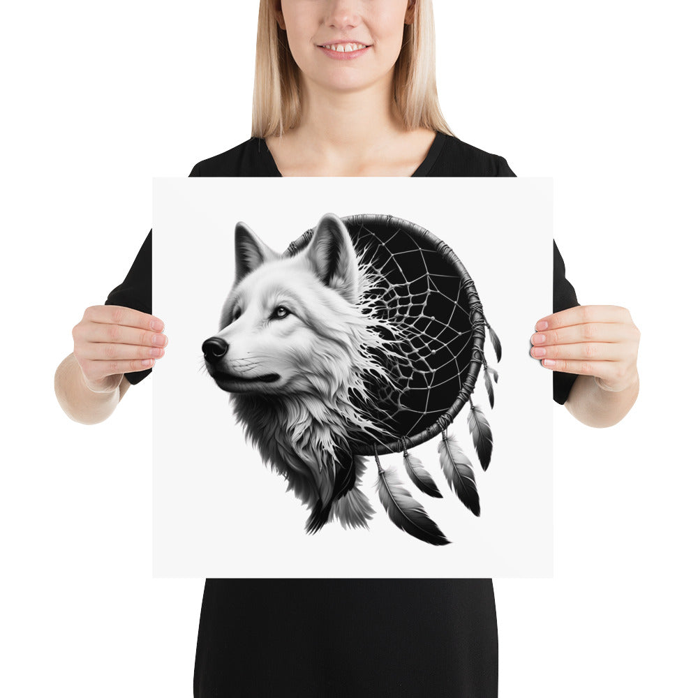 Dreamcatcher Wolf - Framed Poster Realistic Native American Talisman Mythology Graphic Design