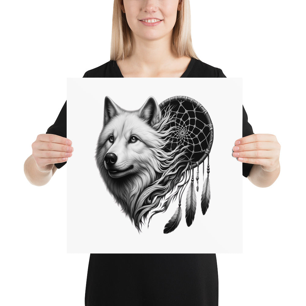 Dreamcatcher Wolf - Framed Poster Realistic Native American Talisman Mythology Graphic Design