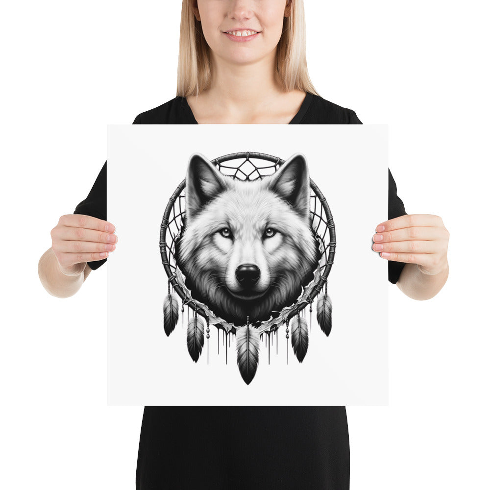 Dreamcatcher Wolf - Framed Poster Realistic Native American Talisman Mythology Graphic Design