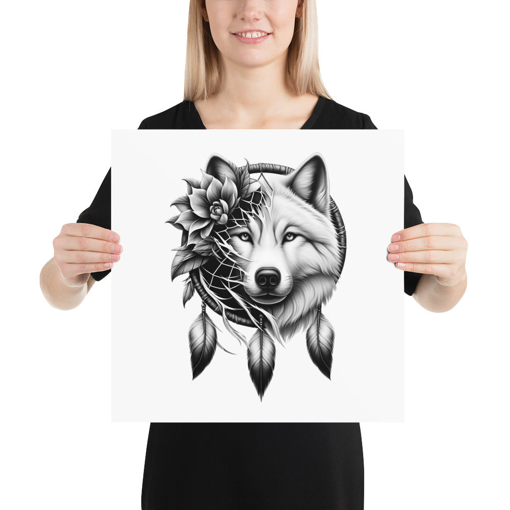 Dreamcatcher Wolf - Framed Poster Realistic Native American Talisman Mythology Graphic Design