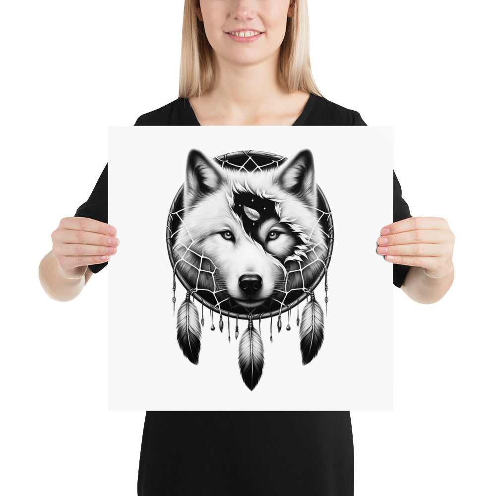 Dreamcatcher Wolf - Framed Poster Realistic Native American Talisman Mythology Graphic Design