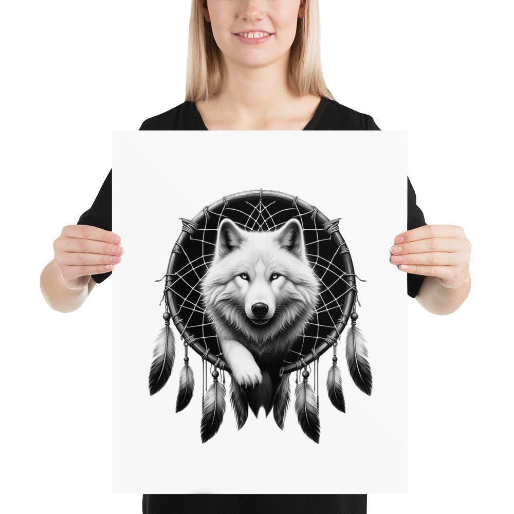 Dreamcatcher Wolf - Framed Poster Realistic Native American Talisman Mythology Graphic Design