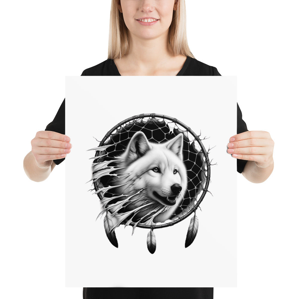 Dreamcatcher Wolf - Framed Poster Realistic Native American Talisman Mythology Graphic Design