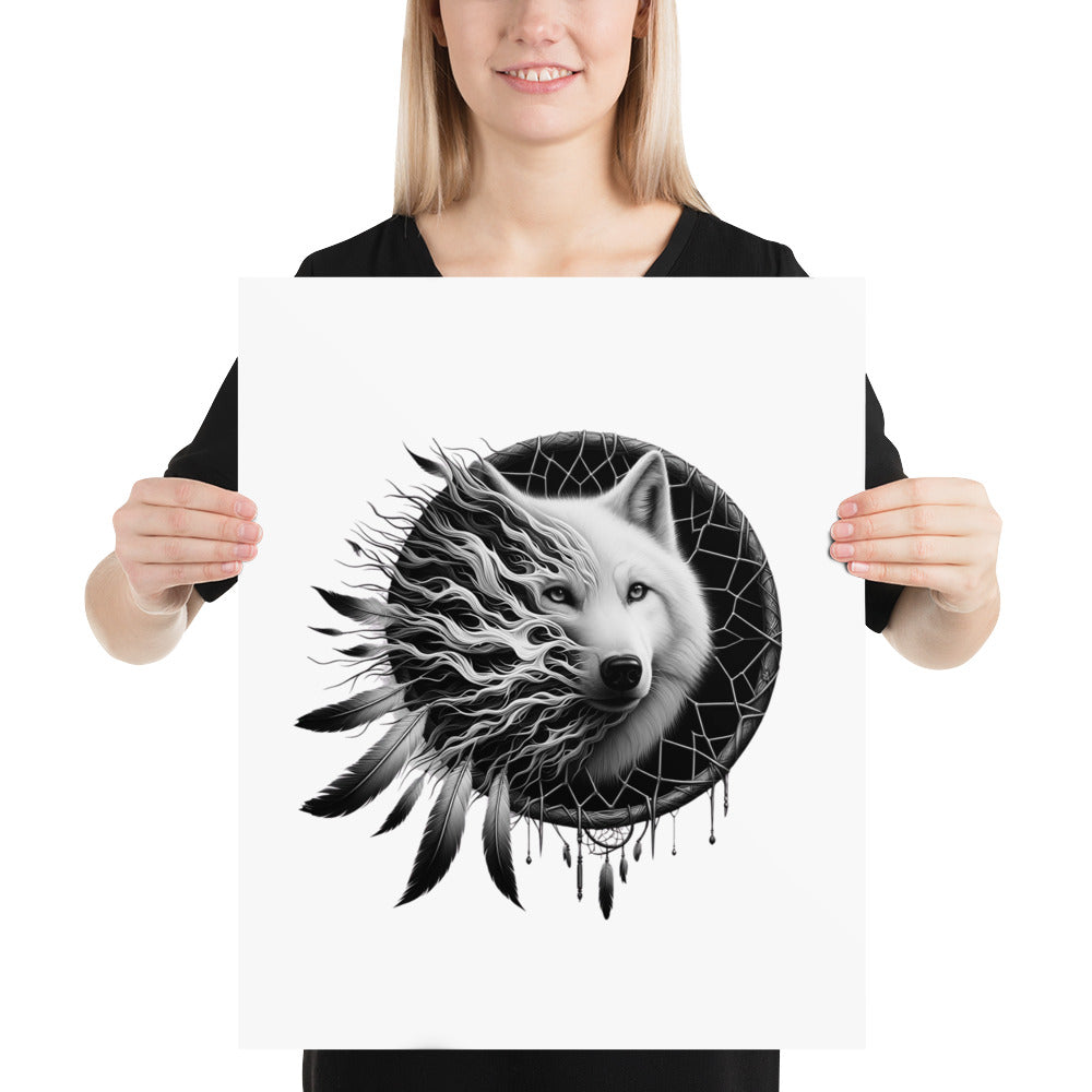 Dreamcatcher Wolf - Framed Poster Realistic Native American Talisman Mythology Graphic Design