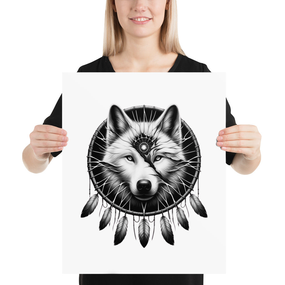 Dreamcatcher Wolf - Framed Poster Realistic Native American Talisman Mythology Graphic Design