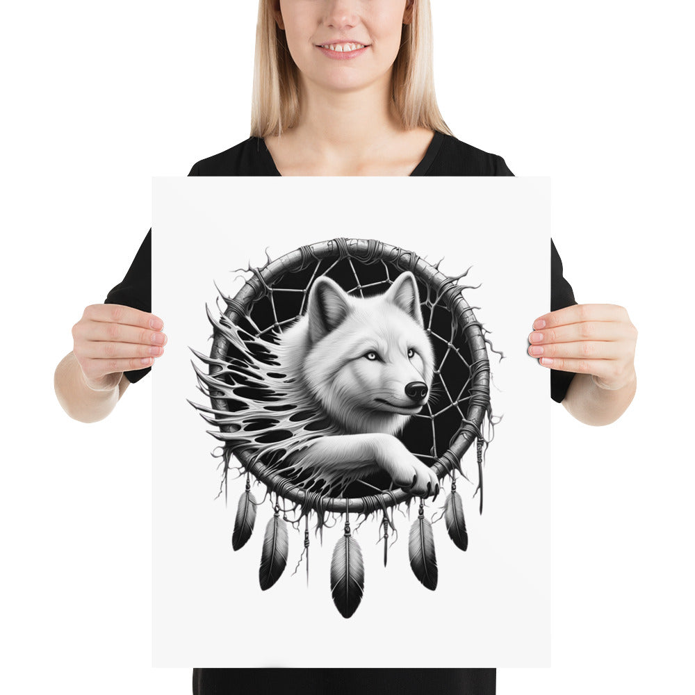 Dreamcatcher Wolf - Framed Poster Realistic Native American Talisman Mythology Graphic Design