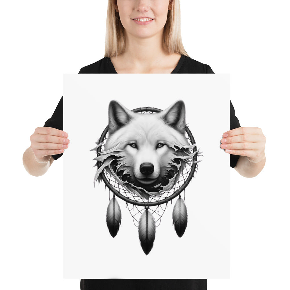 Dreamcatcher Wolf - Framed Poster Realistic Native American Talisman Mythology Graphic Design