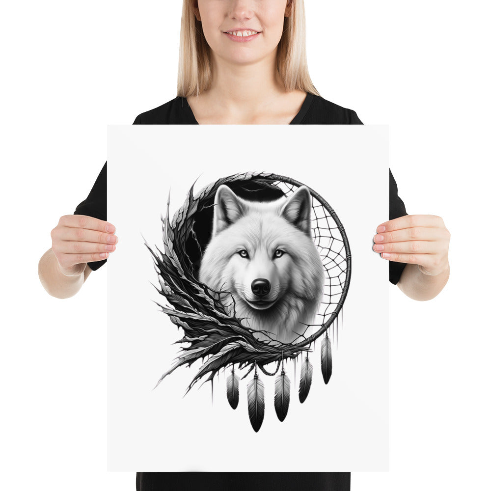 Dreamcatcher Wolf - Framed Poster Realistic Native American Talisman Mythology Graphic Design