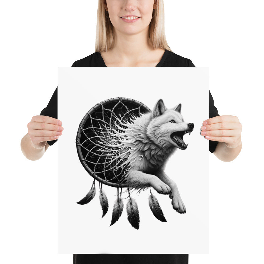 Dreamcatcher Wolf - Framed Poster Realistic Native American Talisman Mythology Graphic Design