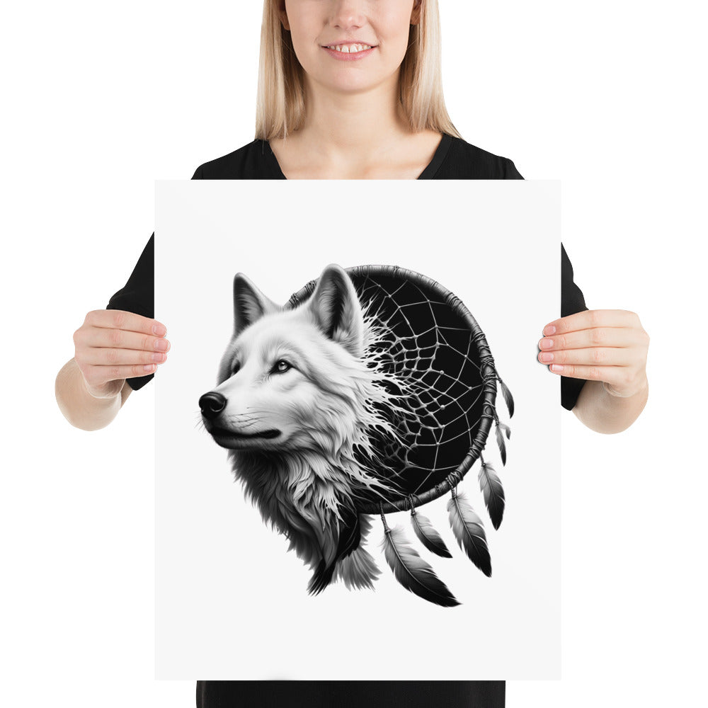 Dreamcatcher Wolf - Framed Poster Realistic Native American Talisman Mythology Graphic Design