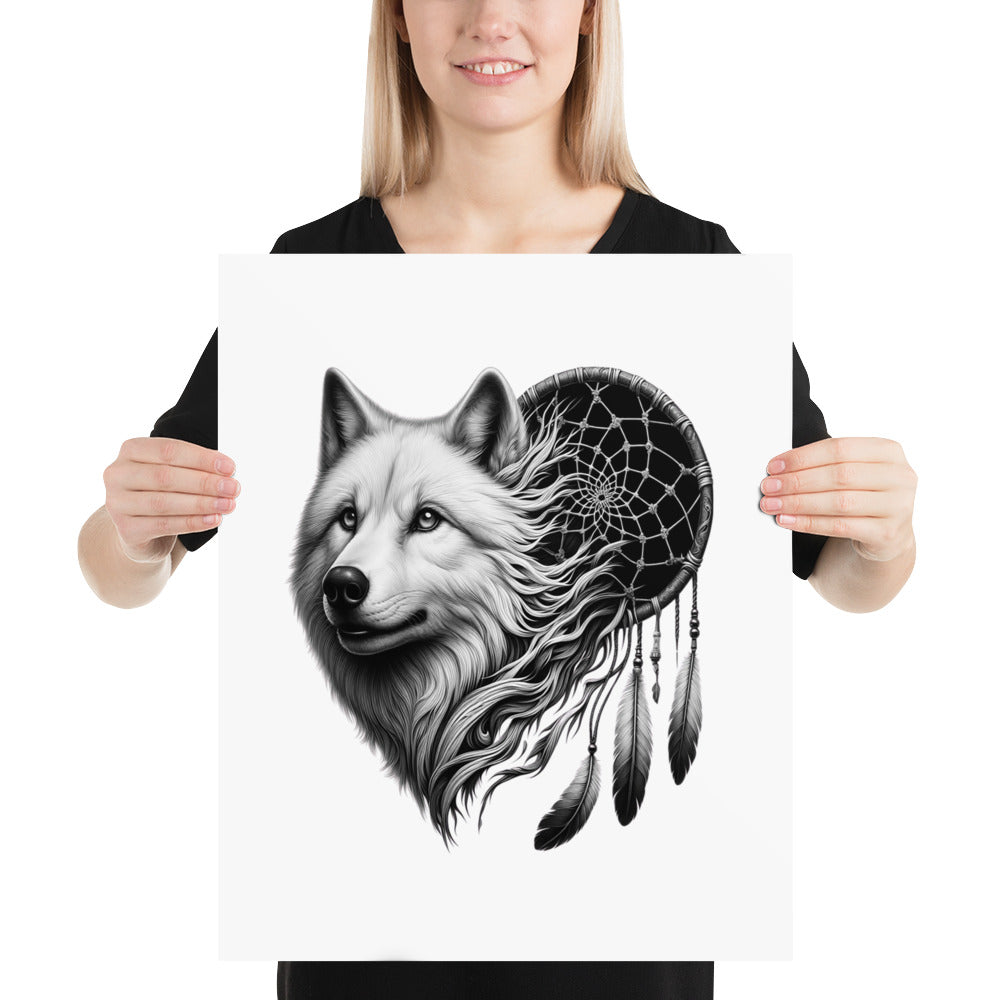 Dreamcatcher Wolf - Framed Poster Realistic Native American Talisman Mythology Graphic Design