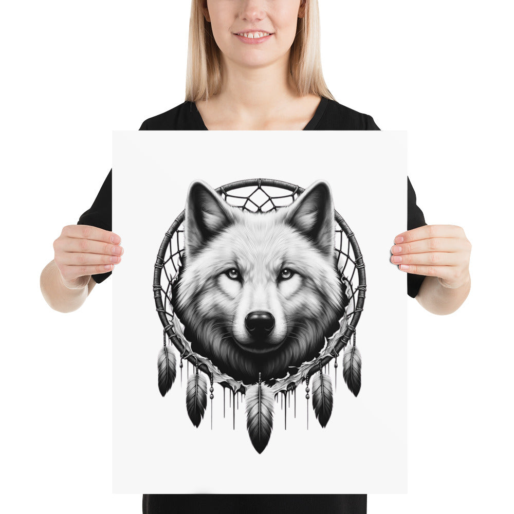 Dreamcatcher Wolf - Framed Poster Realistic Native American Talisman Mythology Graphic Design