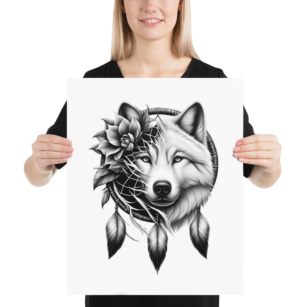 Dreamcatcher Wolf - Framed Poster Realistic Native American Talisman Mythology Graphic Design