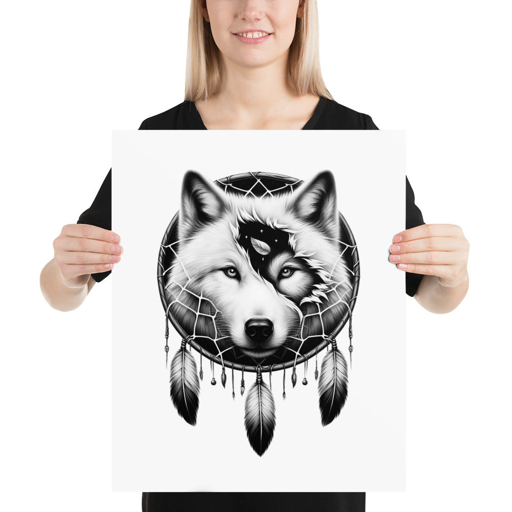 Dreamcatcher Wolf - Framed Poster Realistic Native American Talisman Mythology Graphic Design