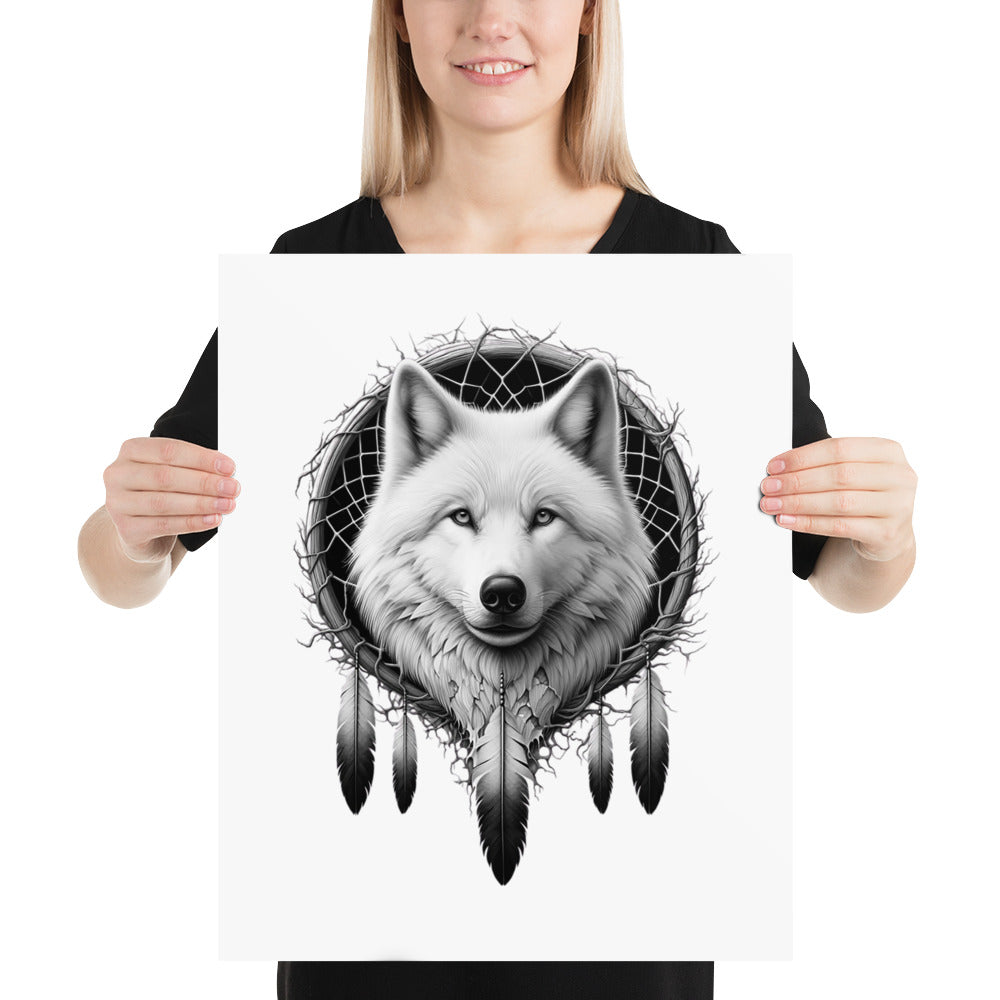 Dreamcatcher Wolf - Framed Poster Realistic Native American Talisman Mythology Graphic Design