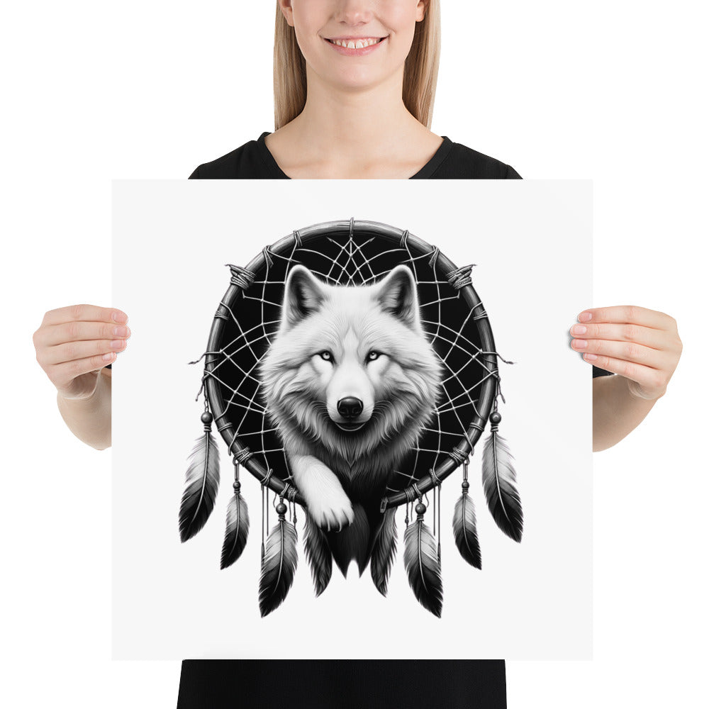 Dreamcatcher Wolf - Framed Poster Realistic Native American Talisman Mythology Graphic Design