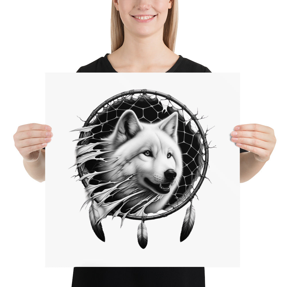 Dreamcatcher Wolf - Framed Poster Realistic Native American Talisman Mythology Graphic Design