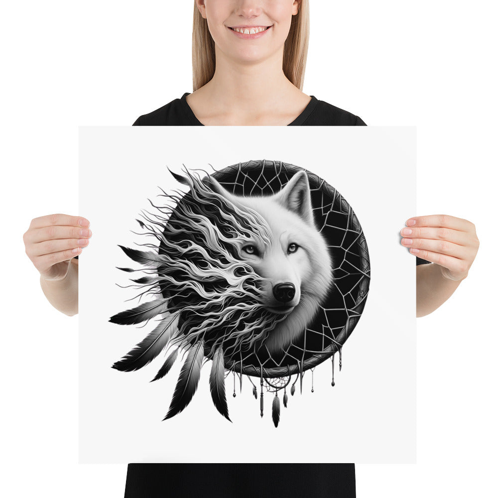 Dreamcatcher Wolf - Framed Poster Realistic Native American Talisman Mythology Graphic Design