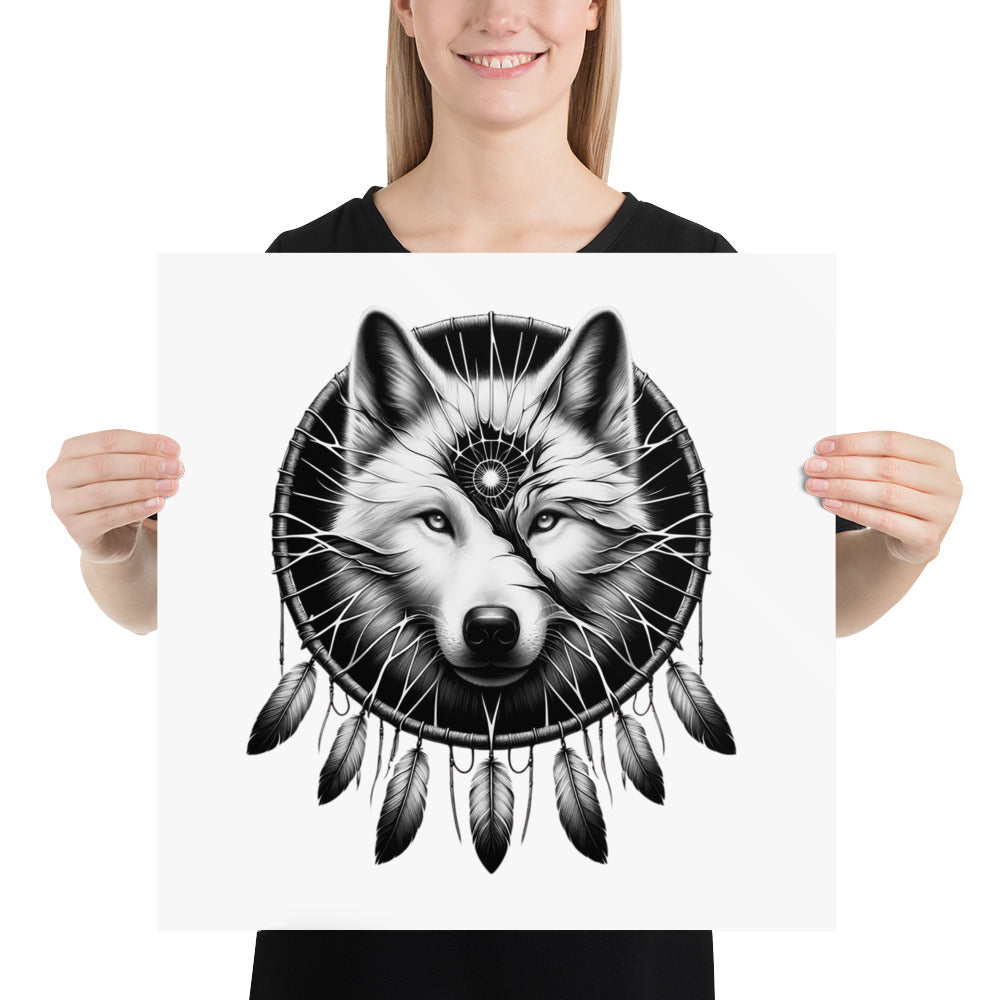 Dreamcatcher Wolf - Framed Poster Realistic Native American Talisman Mythology Graphic Design