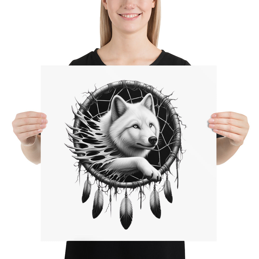 Dreamcatcher Wolf - Framed Poster Realistic Native American Talisman Mythology Graphic Design