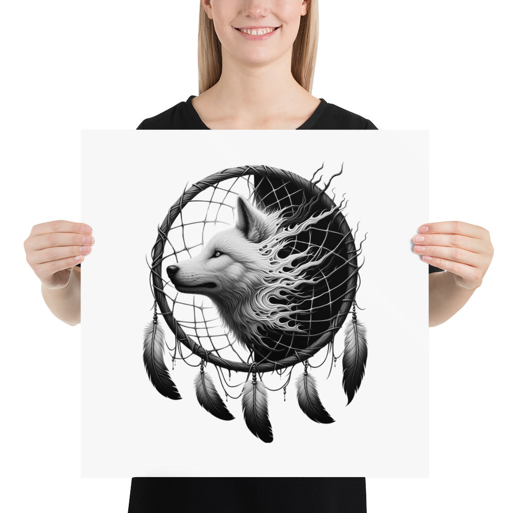 Dreamcatcher Wolf - Framed Poster Realistic Native American Talisman Mythology Graphic Design