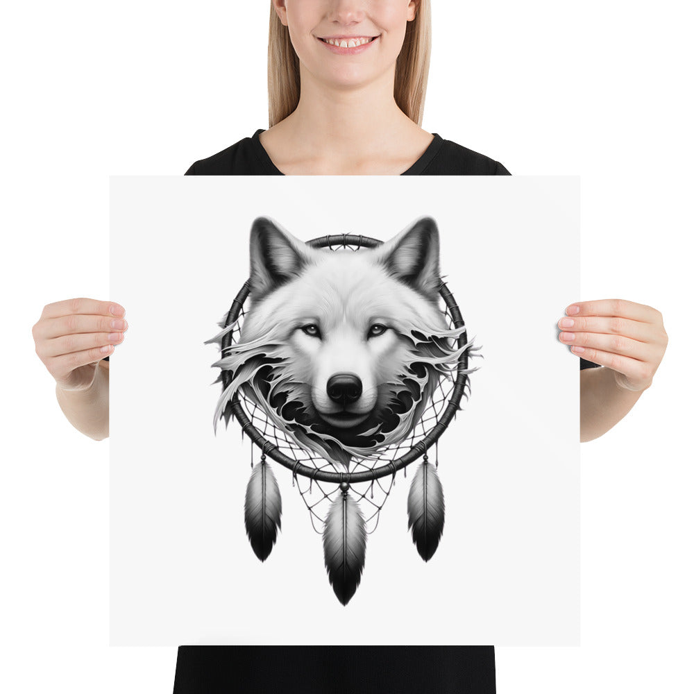 Dreamcatcher Wolf - Framed Poster Realistic Native American Talisman Mythology Graphic Design