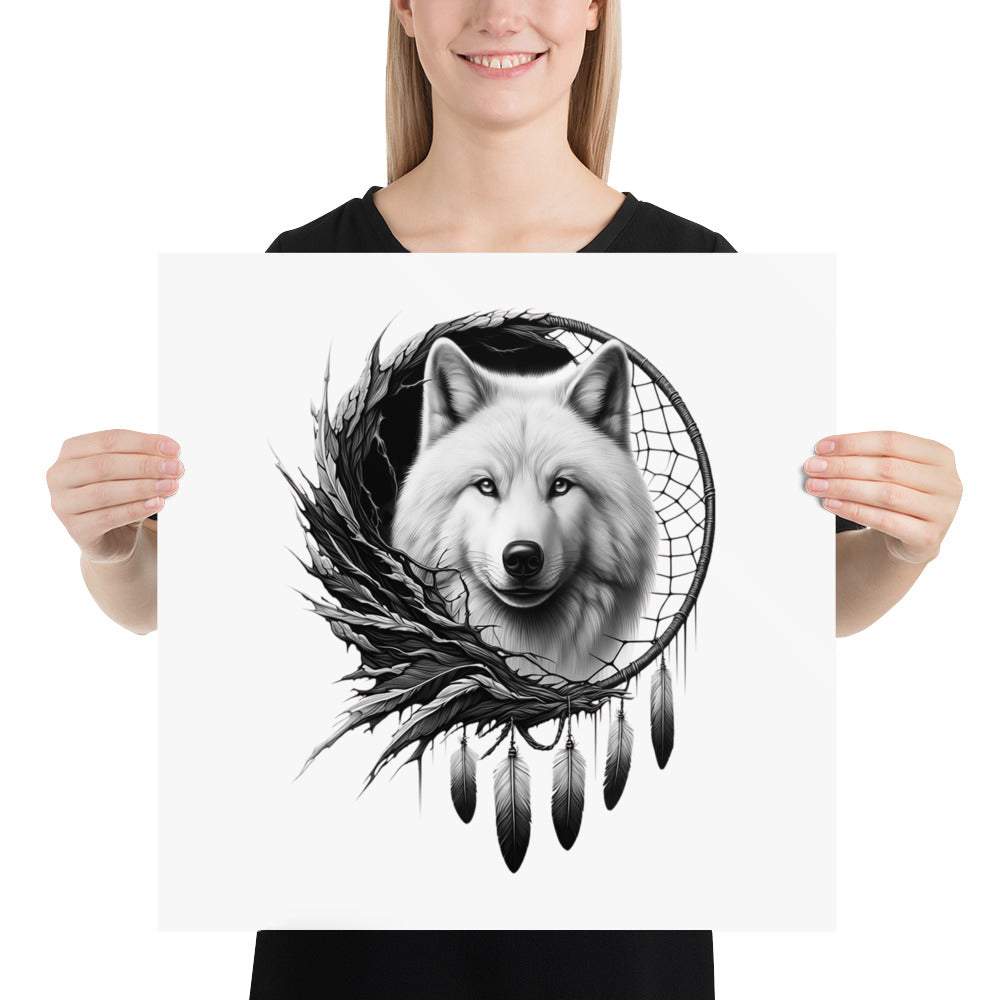 Dreamcatcher Wolf - Framed Poster Realistic Native American Talisman Mythology Graphic Design