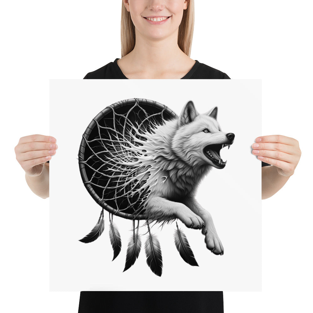 Dreamcatcher Wolf - Framed Poster Realistic Native American Talisman Mythology Graphic Design