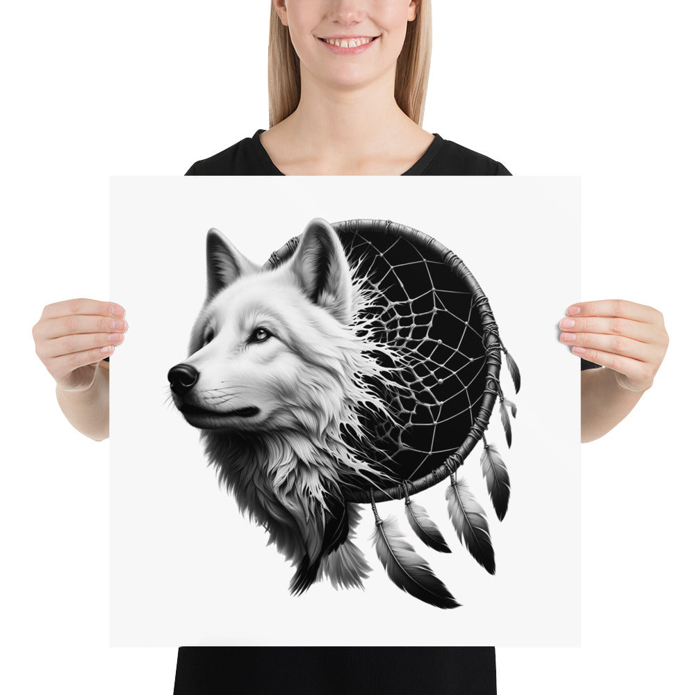 Dreamcatcher Wolf - Framed Poster Realistic Native American Talisman Mythology Graphic Design