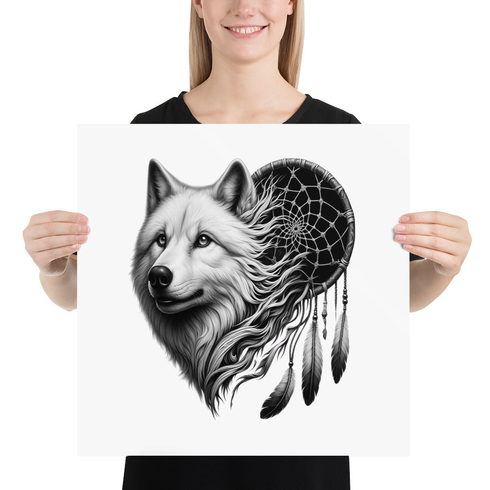 Dreamcatcher Wolf - Framed Poster Realistic Native American Talisman Mythology Graphic Design