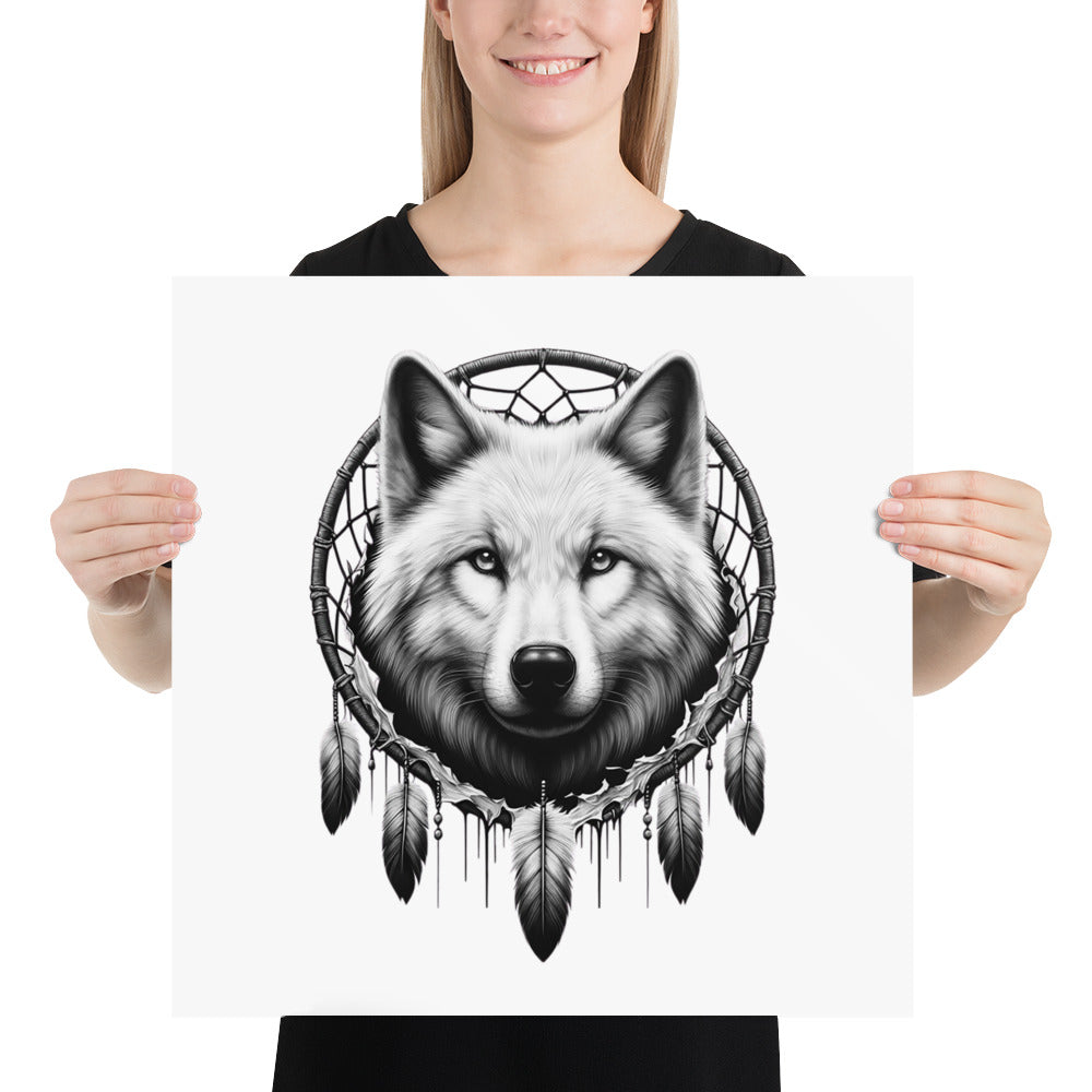 Dreamcatcher Wolf - Framed Poster Realistic Native American Talisman Mythology Graphic Design