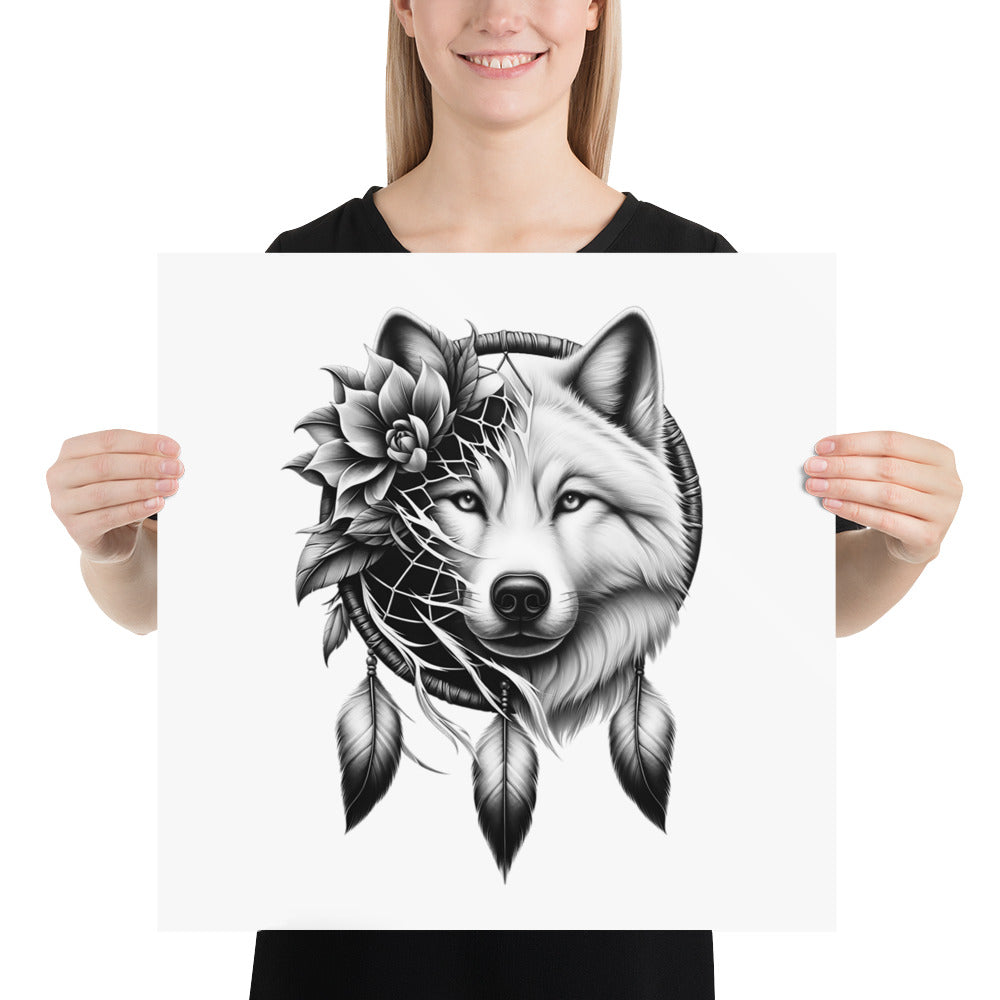 Dreamcatcher Wolf - Framed Poster Realistic Native American Talisman Mythology Graphic Design