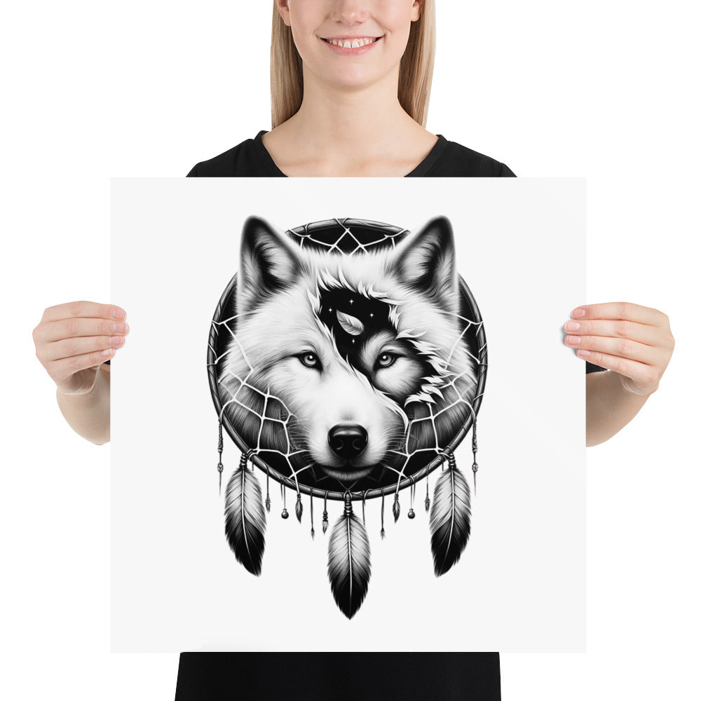 Dreamcatcher Wolf - Framed Poster Realistic Native American Talisman Mythology Graphic Design