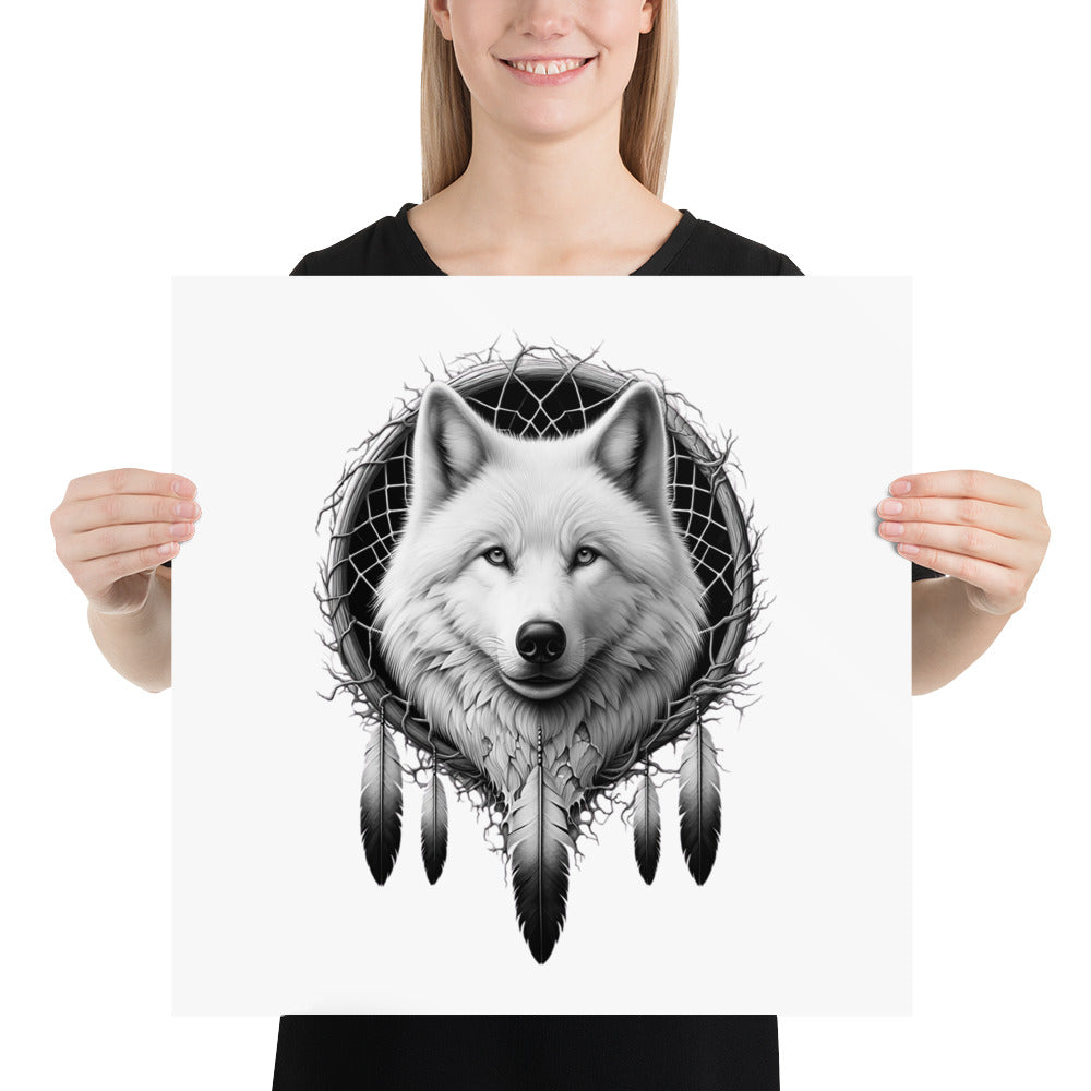 Dreamcatcher Wolf - Framed Poster Realistic Native American Talisman Mythology Graphic Design