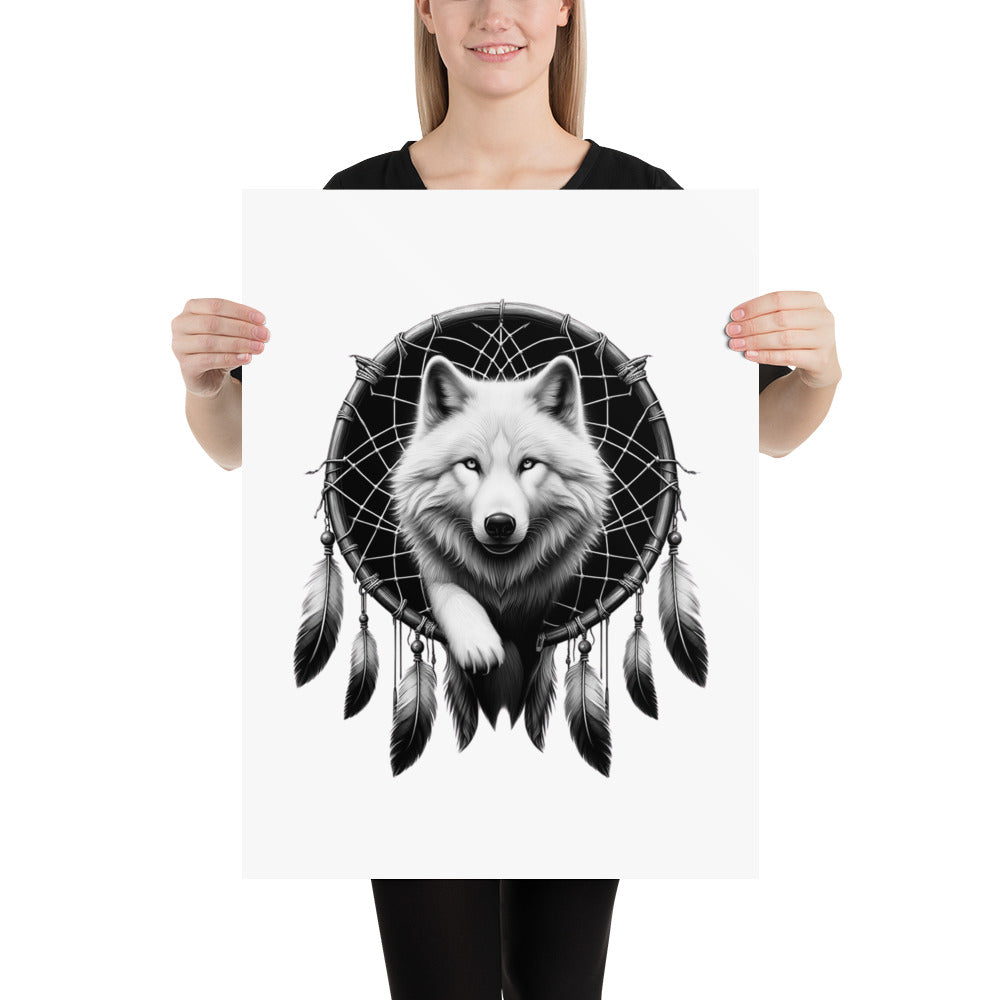 Dreamcatcher Wolf - Framed Poster Realistic Native American Talisman Mythology Graphic Design