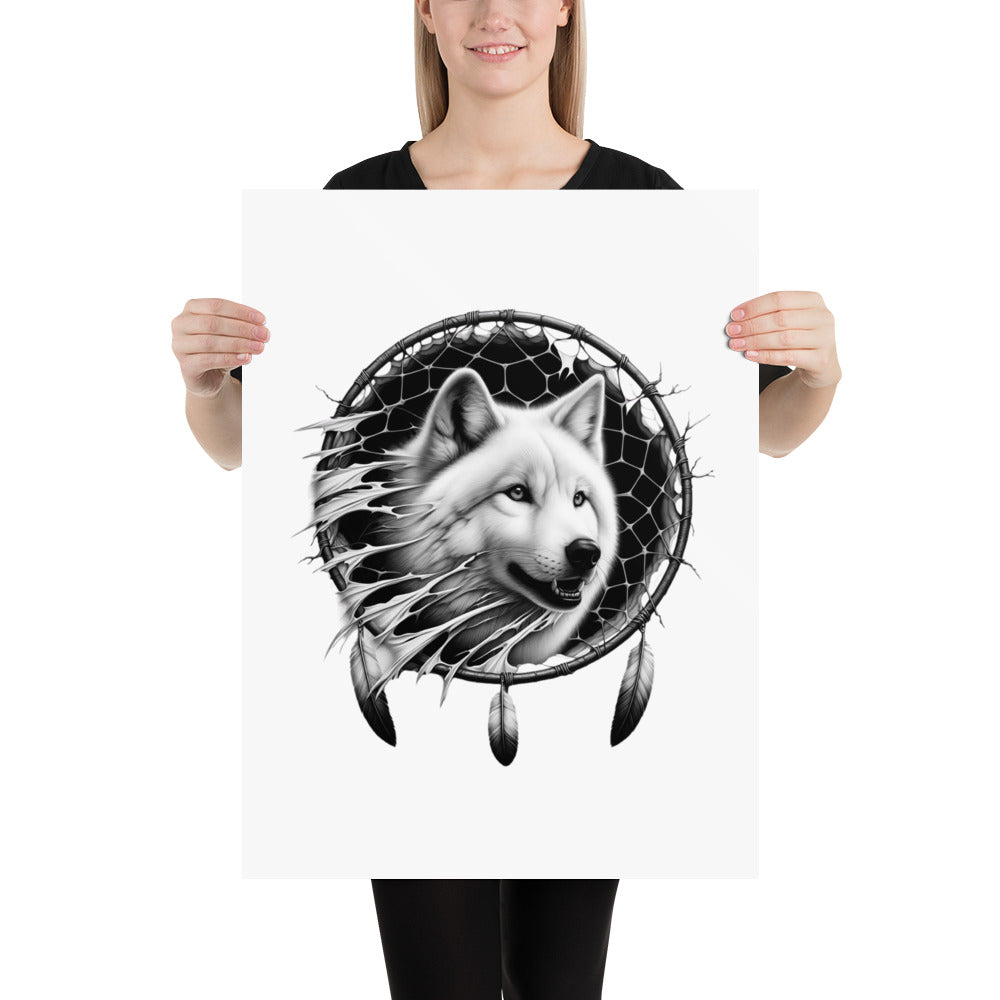 Dreamcatcher Wolf - Framed Poster Realistic Native American Talisman Mythology Graphic Design