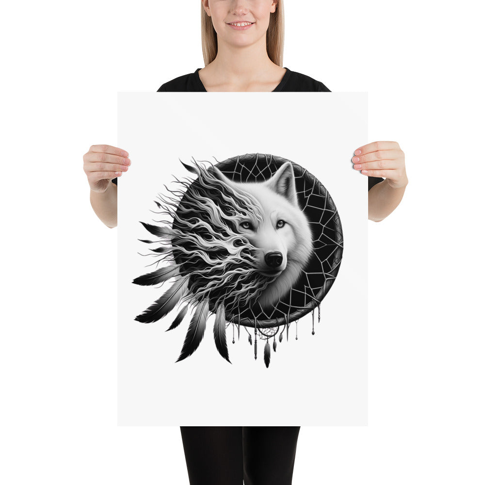 Dreamcatcher Wolf - Framed Poster Realistic Native American Talisman Mythology Graphic Design