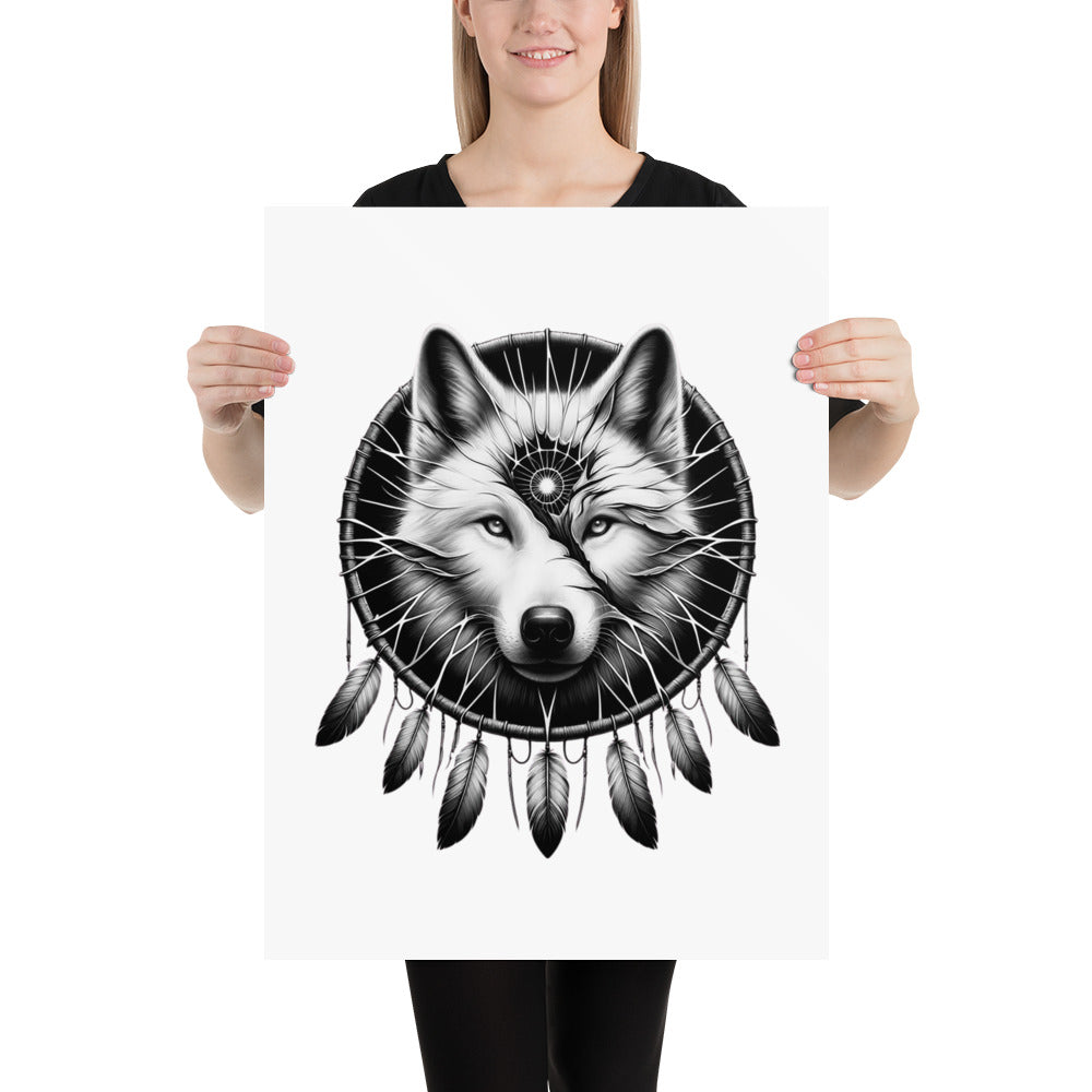 Dreamcatcher Wolf - Framed Poster Realistic Native American Talisman Mythology Graphic Design