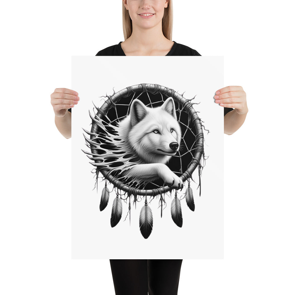 Dreamcatcher Wolf - Framed Poster Realistic Native American Talisman Mythology Graphic Design