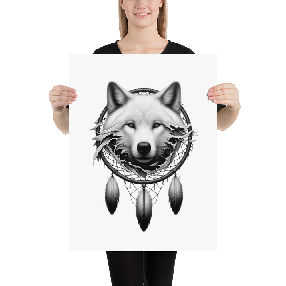 Dreamcatcher Wolf - Framed Poster Realistic Native American Talisman Mythology Graphic Design