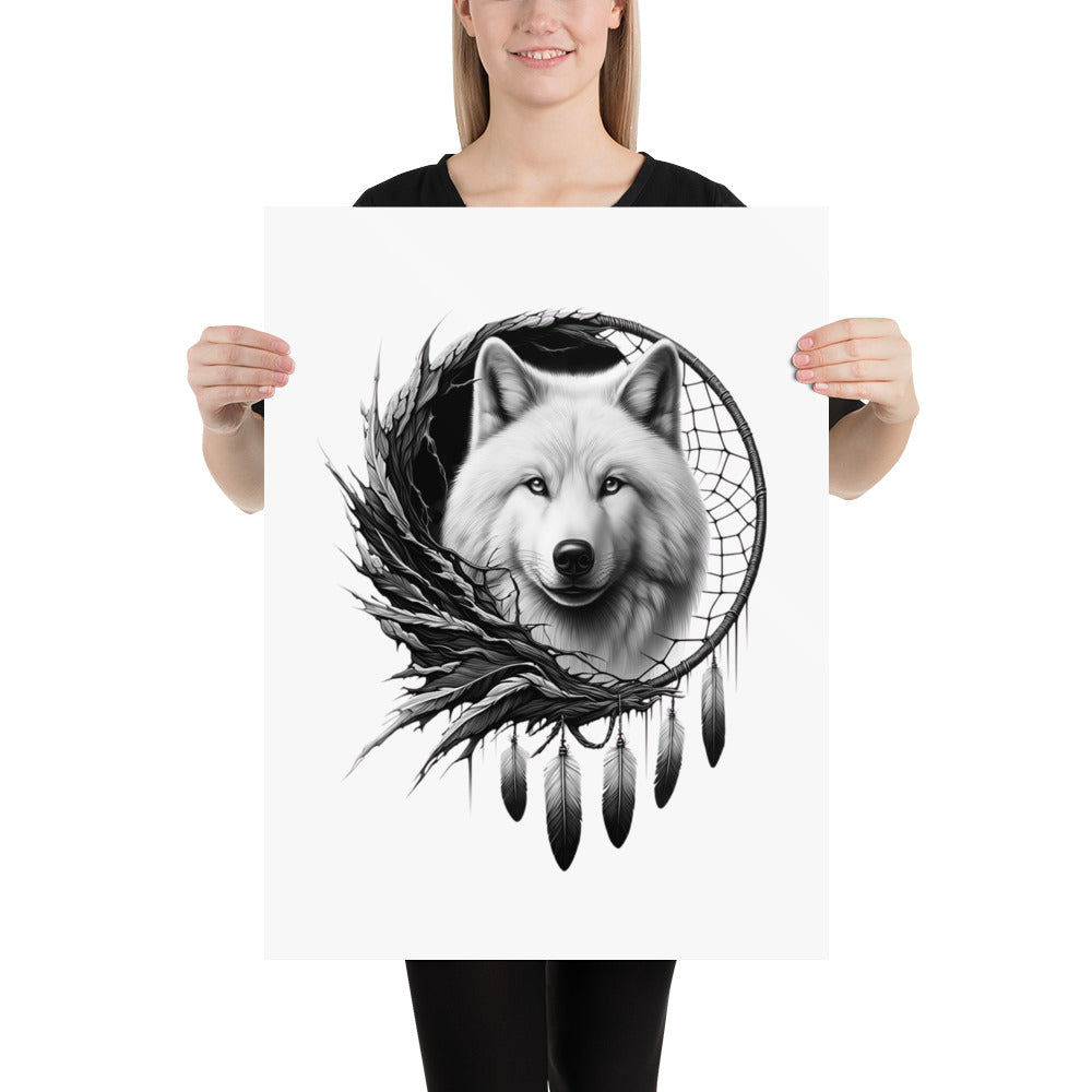 Dreamcatcher Wolf - Framed Poster Realistic Native American Talisman Mythology Graphic Design