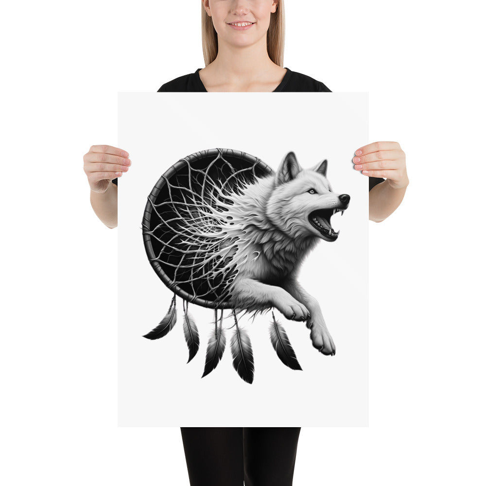 Dreamcatcher Wolf - Framed Poster Realistic Native American Talisman Mythology Graphic Design