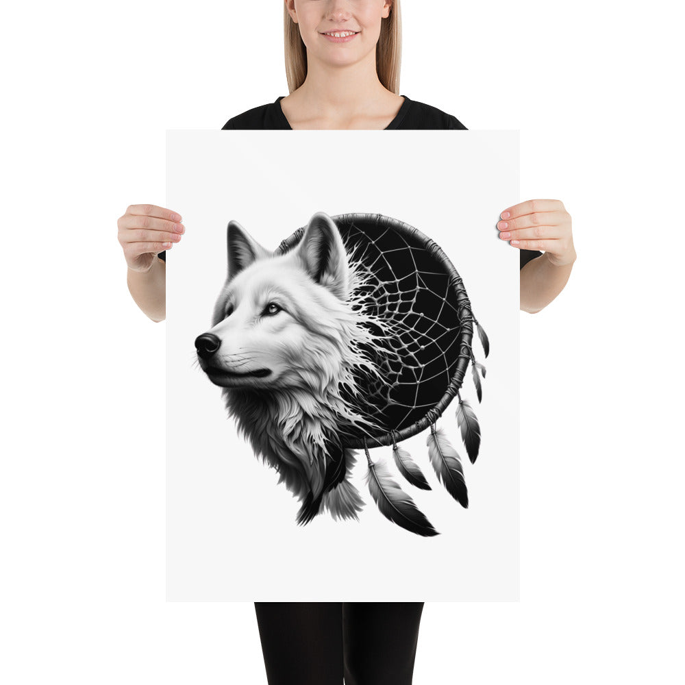 Dreamcatcher Wolf - Framed Poster Realistic Native American Talisman Mythology Graphic Design