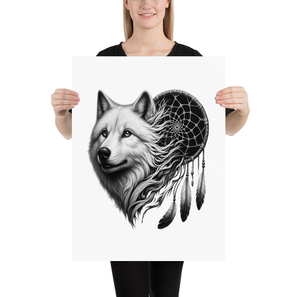 Dreamcatcher Wolf - Framed Poster Realistic Native American Talisman Mythology Graphic Design