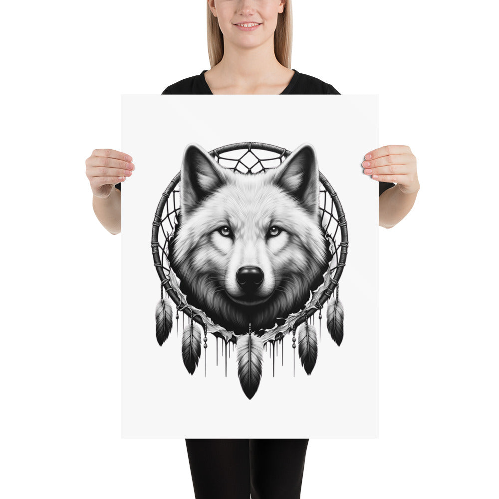 Dreamcatcher Wolf - Framed Poster Realistic Native American Talisman Mythology Graphic Design