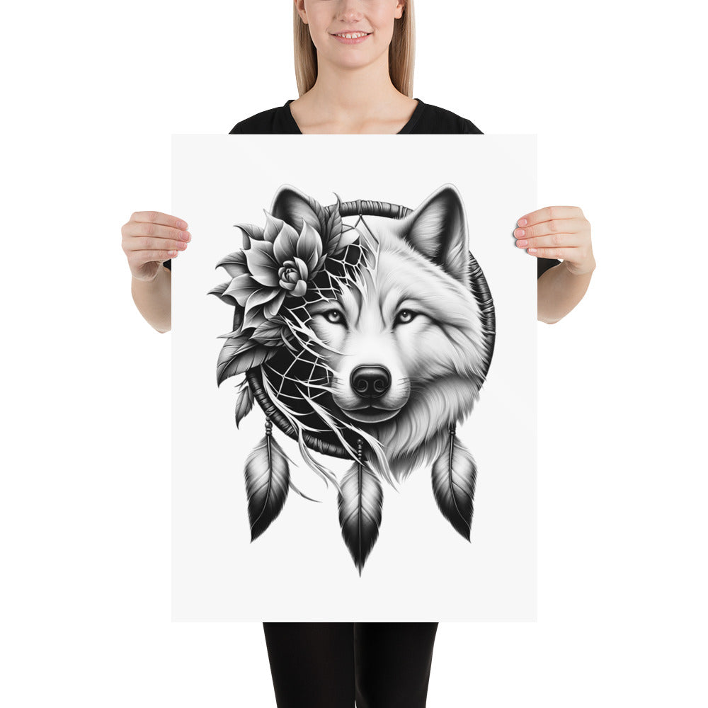 Dreamcatcher Wolf - Framed Poster Realistic Native American Talisman Mythology Graphic Design