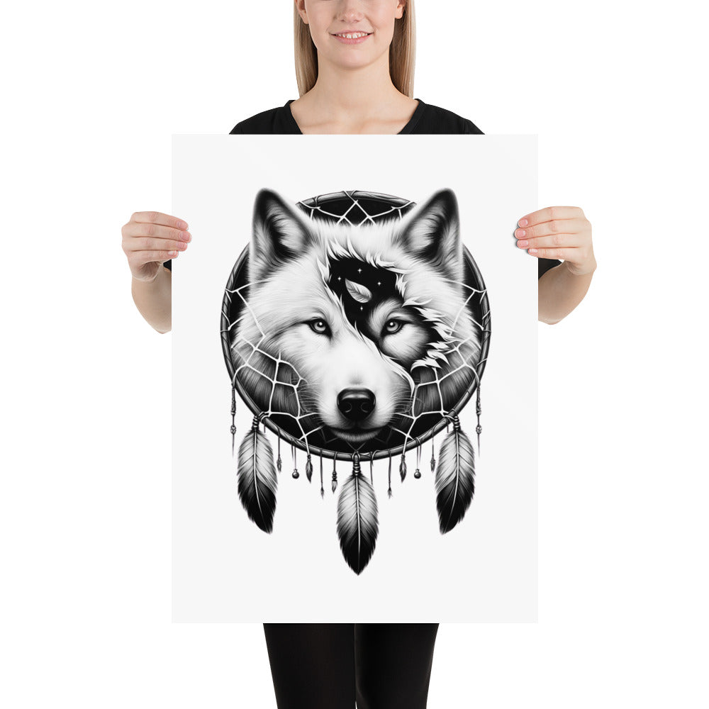 Dreamcatcher Wolf - Framed Poster Realistic Native American Talisman Mythology Graphic Design