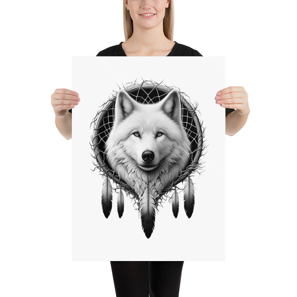 Dreamcatcher Wolf - Framed Poster Realistic Native American Talisman Mythology Graphic Design