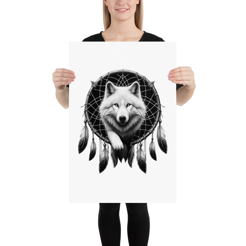 Dreamcatcher Wolf - Framed Poster Realistic Native American Talisman Mythology Graphic Design